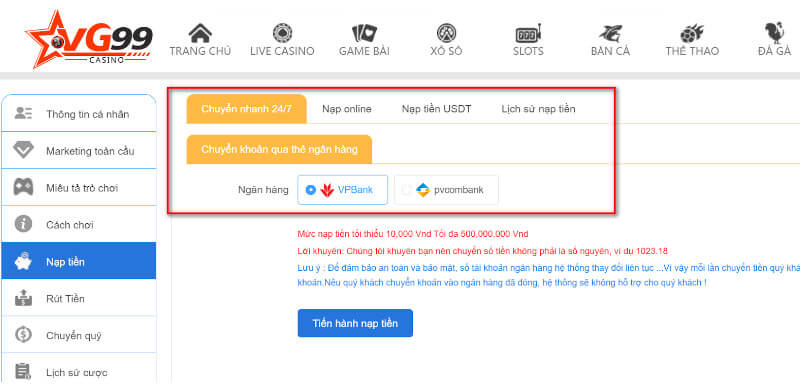 Nạp tiền VG99 thông qua thẻ ngân hàng